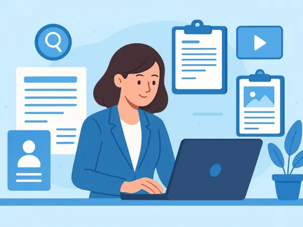 Cartoon illustration of a remote job seeker sitting at a desk with a laptop, reviewing a resume and cover letter, with icons representing interviews, portfolios, and job applications in the background using job search advice.
