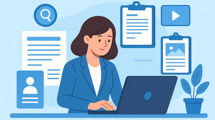 Cartoon illustration of a remote job seeker sitting at a desk with a laptop, reviewing a resume and cover letter, with icons representing interviews, portfolios, and job applications in the background using job search advice.