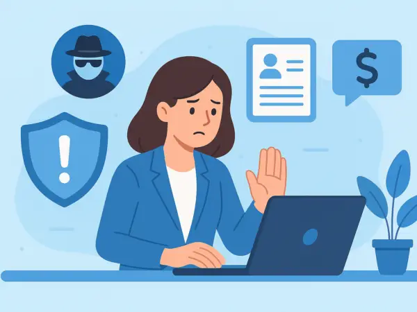 Cartoon illustration of a remote job seeker reviewing online job postings with caution, highlighting scam prevention to stay safe while applying for remote work.