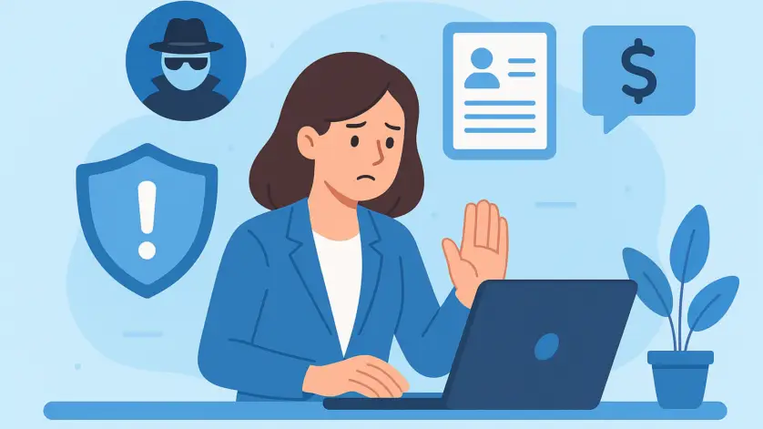 Cartoon illustration of a remote job seeker reviewing online job postings with caution, highlighting scam prevention to stay safe while applying for remote work.