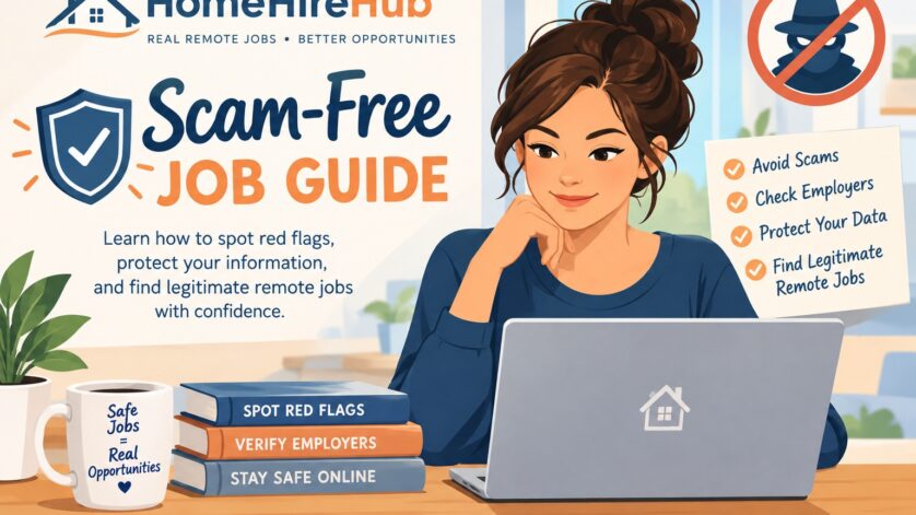 Scam-Free Job Guide from HomeHireHub with tips for spotting job scams, verifying employers, protecting personal information, and finding legitimate remote jobs.