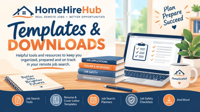 HomeHireHub Templates and Downloads featuring remote job search tools, resume templates, job safety checklists, and planning resources.